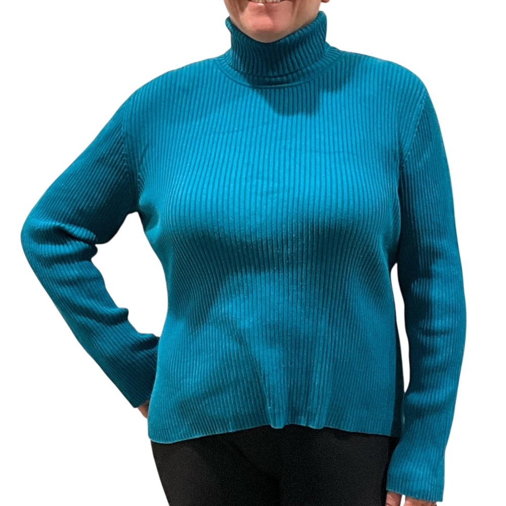 Chico's Ribbed Turtleneck Sweater Teal Blue Silk Cotton Blend Size 3 Women's Top